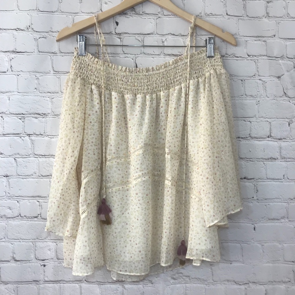 Rebecca Minkoff Strappy Off Shoulder Smocked Flowy Boho Top Tassel Tie Blouse - Picture 4 of 8